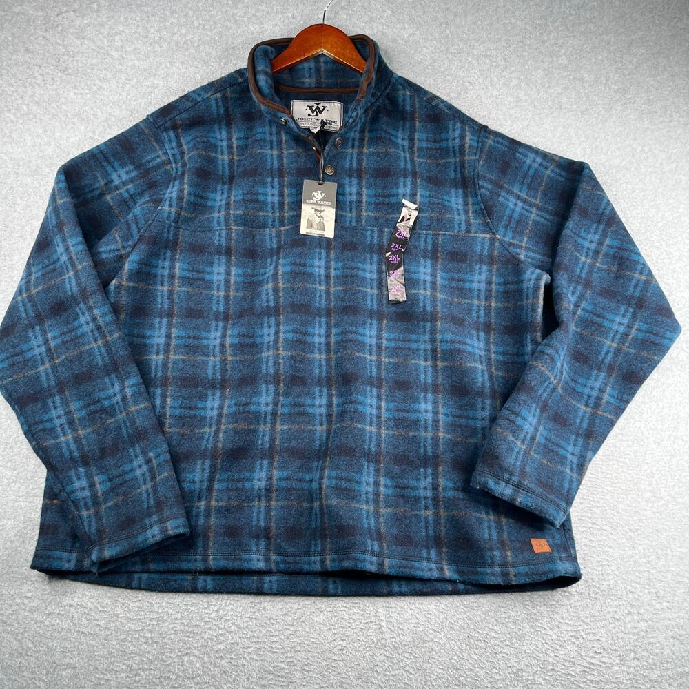 John Wayne Flannel 1/4 Button Pullover Blue Plaid Casual Outdoor Mens 2XL NEW